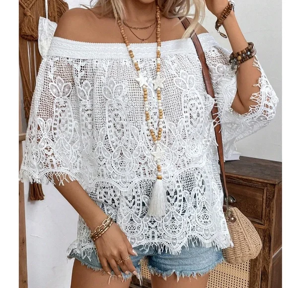 Boho White Lace Off Shoulder Blouse